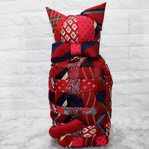 HAND CRAFTED Cat Necktie Upcycled Stuffed Decor Patchwork Feline Large Red